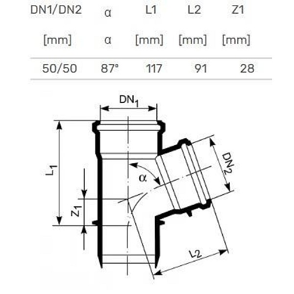 Trejgabals iekšējais D50/50x87° balts PP (Magnaplast)