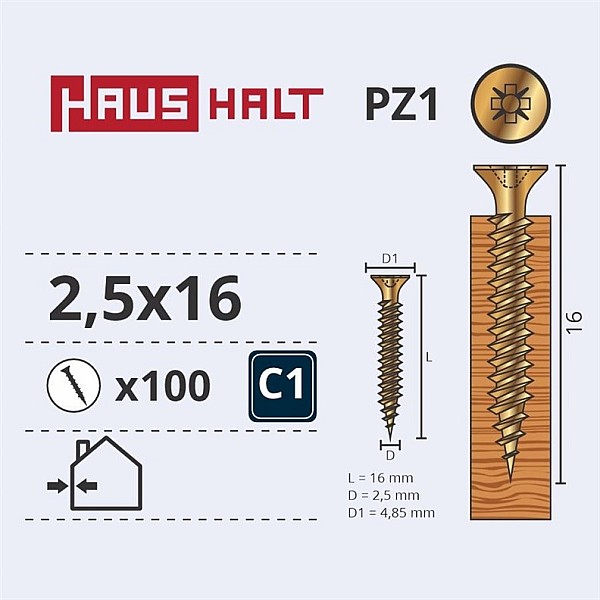 CHIPBOARD SCREW 2.5X16 YLW ZP 100PCS G1