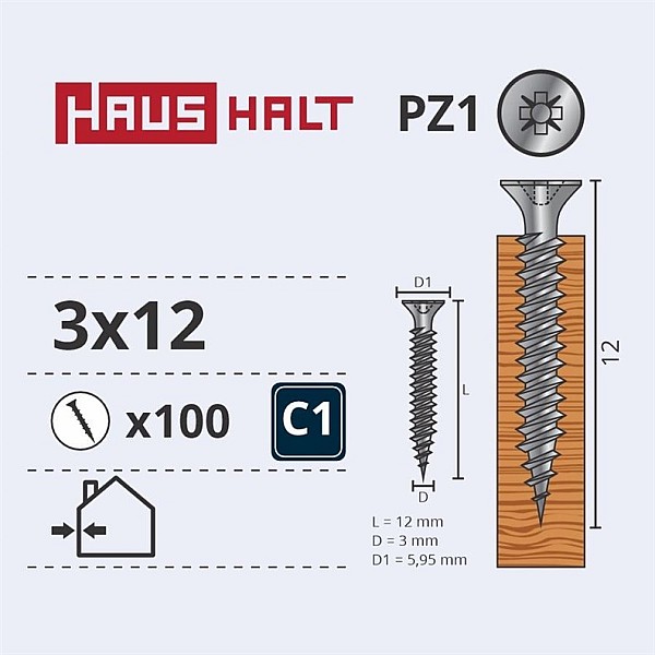 Medsraigčiai Haushalt. 3 x 12 mm. ZN. PZ1. 100 vnt.