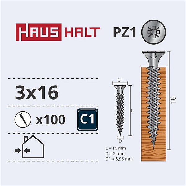 CHIPBOARD SCREW 3.0X16 WHT ZP 100PCS G1