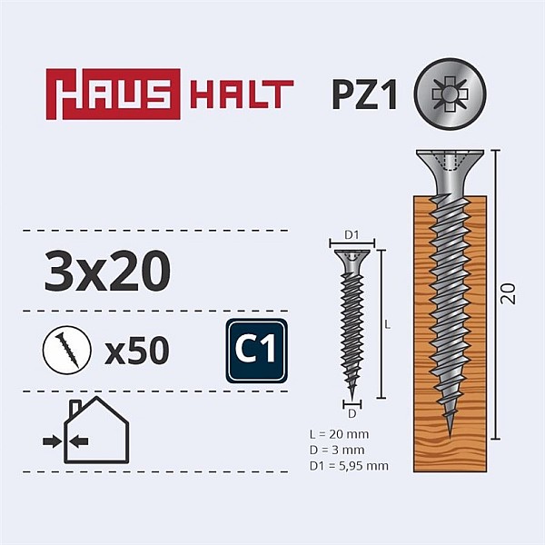 CHIPBOARD SCREW 3.0X20 WHT ZP 50PCS G1