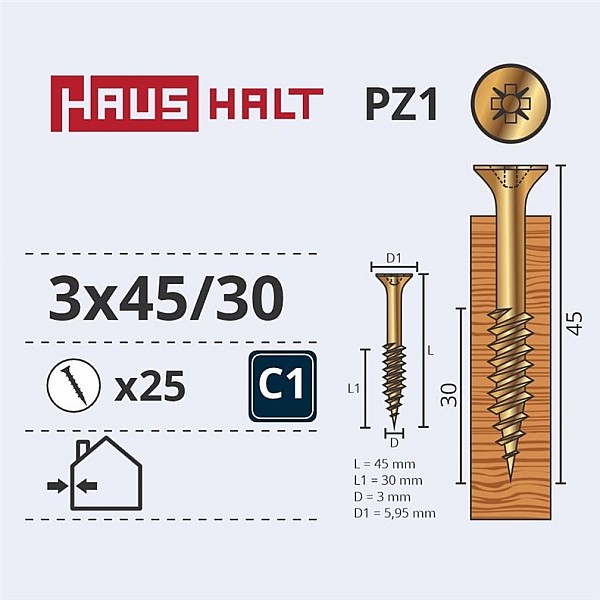 Medsraigčiai Haushalt. 3 x 45/30 mm. ZN. PZ1. 25 vnt.