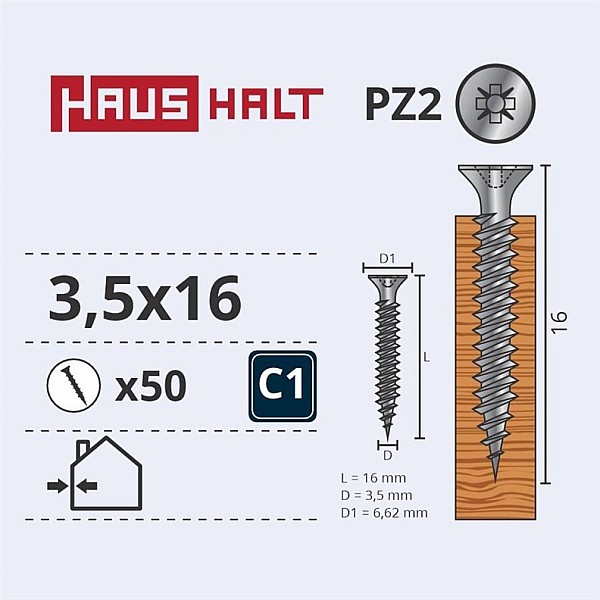 CHIPBOARD SCREW 3.5X16 WHT ZP 50PCS G1