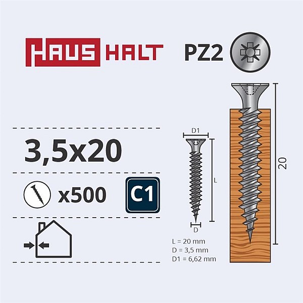 Medsraigčiai Haushalt. 3.5 x 20 mm. ZN. PZ2. 50 vnt.