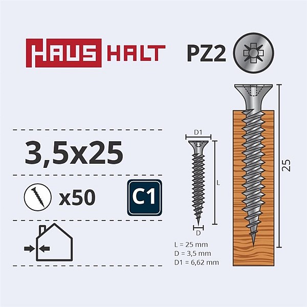 CHIPBOARD SCREW 3.5X25 WHT ZP 50PCS G1