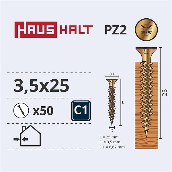 Medsraigčiai Haushalt. 3.5 x 25 mm. ZN. PZ2. 50 vnt.