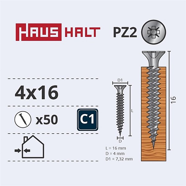 Medsraigčiai Haushalt. 4 x 16 mm. ZN. PZ2. 50 vnt.