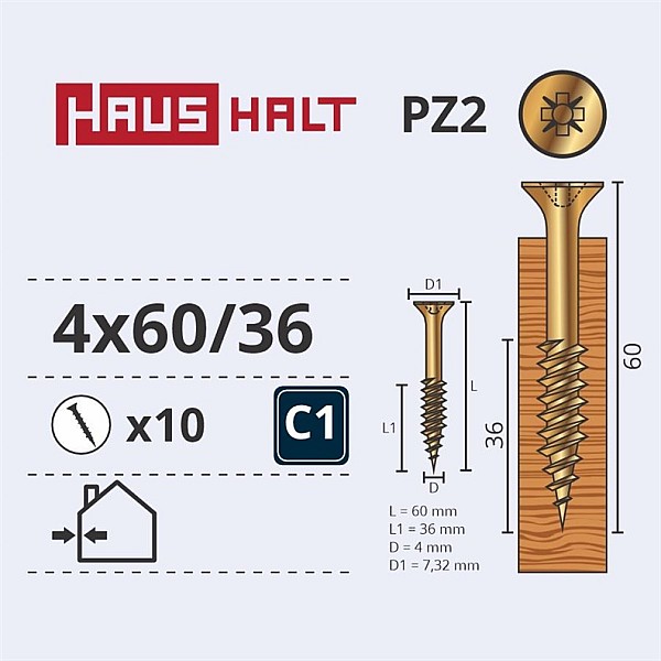 CHIPBOARD SCREW 4.0X60/36 YLW ZP10PCS G2