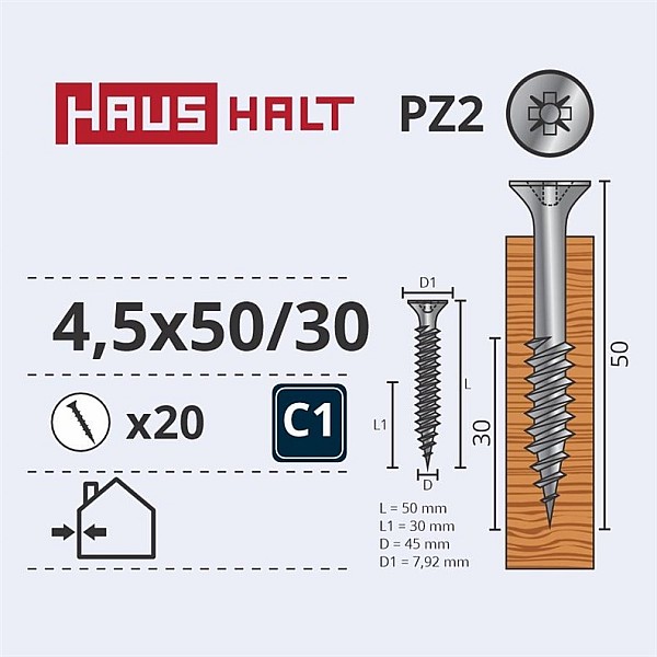 CHIPBOARD SCREW 4.5X50/30 WHT ZP20PCS G1