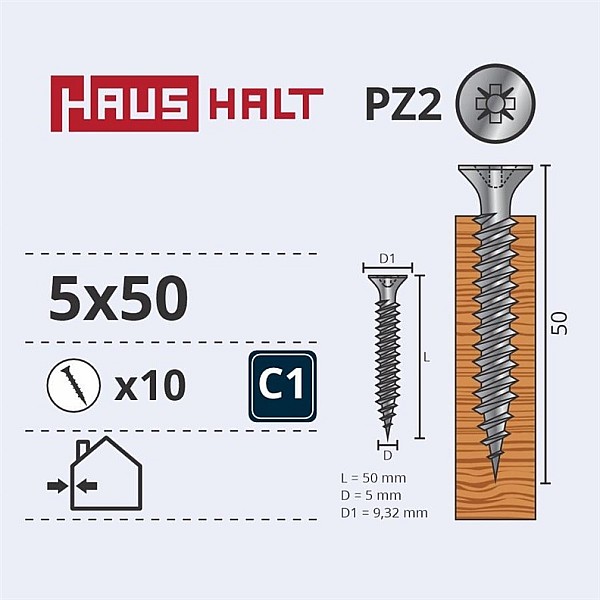 CHIPBOARD SCREW 5.0X50 WHT ZP 10PCS G1