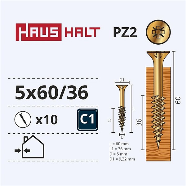 CHIPBOARD SCREW 5.0X60/36 YLW ZP10PCS G2