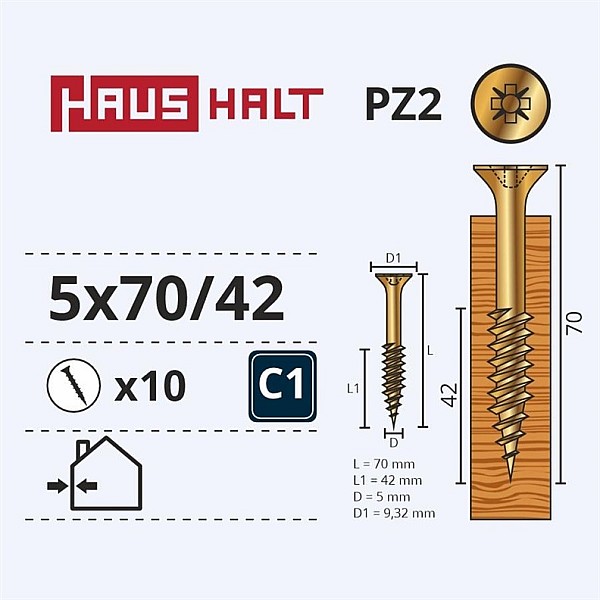 CHIPBOARD SCREW 5.0X70/42 YLW ZP10PCS G2