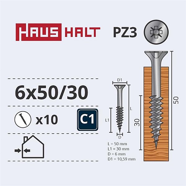 CHIPBOARD SCREW 6.0X50/30 WHT ZP10PCS G1