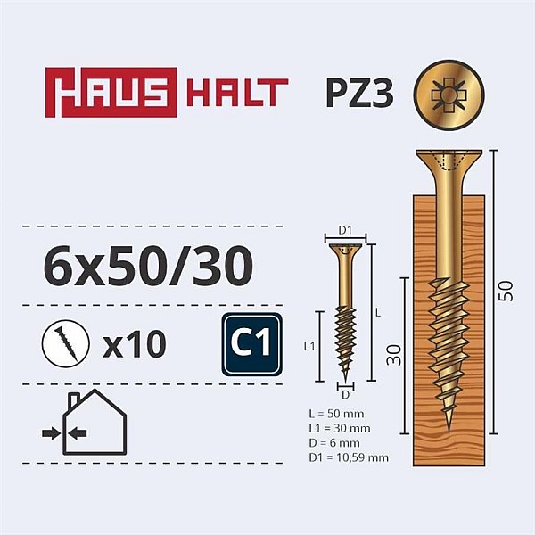 CHIPBOARD SCREW 6.0X50/30 YLW ZP10PCS G1