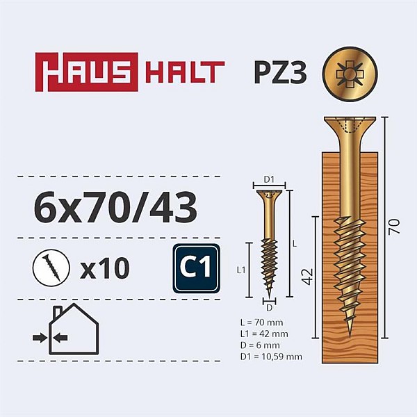 CHIPBOARD SCREW 6.0X70/42 YLW ZP10PCS G2