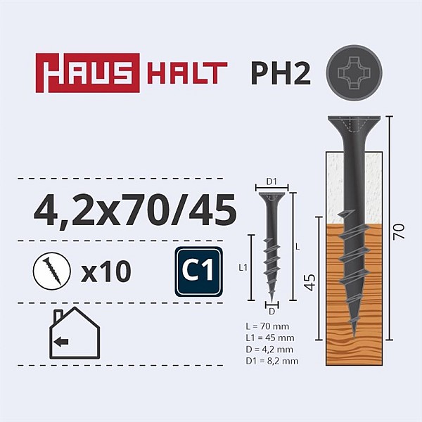 Medsraigčiai Haushalt. 4.2 x 70/45 mm. PH2. 10 vnt.