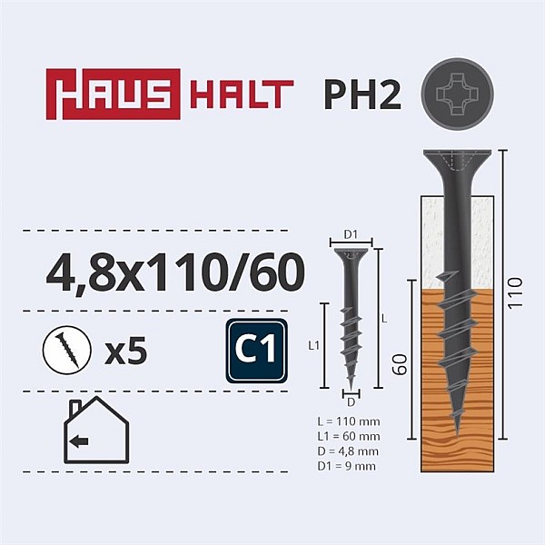 DRYWALL SCR FOR WOOD 4.8X110/60 5PCS O2