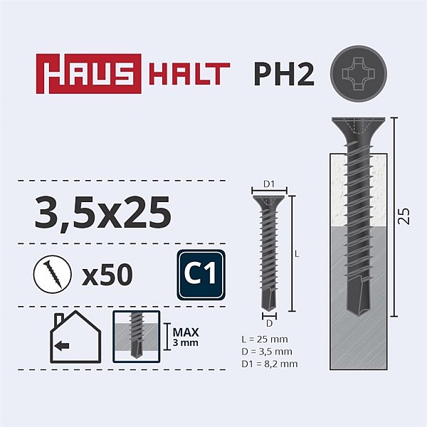 DRYWALL SCR MET 3.5X25 WITH DRL 50PCS O1