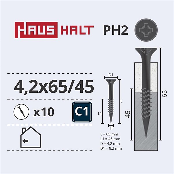 Medsraigčiai Haushalt. 4.2 x 65/45 mm. PH2. 10 vnt.