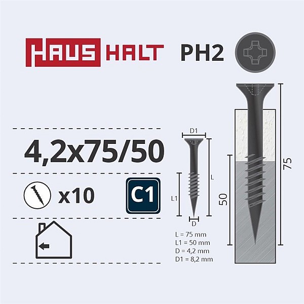 DRYWALL SCREW FOR MET 4.2X75/50 10PCS O2