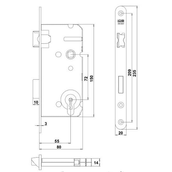 MORTISE LOCK CYL Z7ABL 72/55 LEFT W ZN