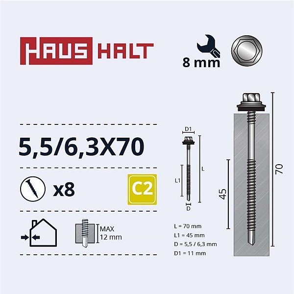 SELF SCREWS 5.5/6.3X70 MET+EMPD 8PCS