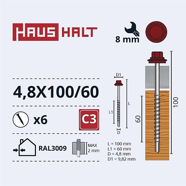 SELF SCR 4.8X100/60 WO+EMPD RAL3009 6PCS