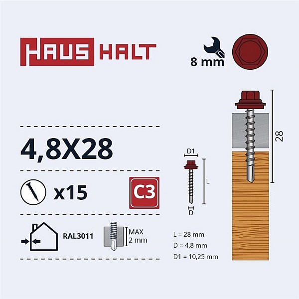 SELF SCR 4.8X28 WOOD+EPMD RAL3011 15PCS