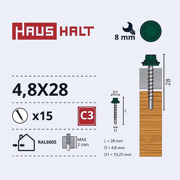 SELF SCR 4.8X28 WOOD+EPMD RAL6005 15PCS