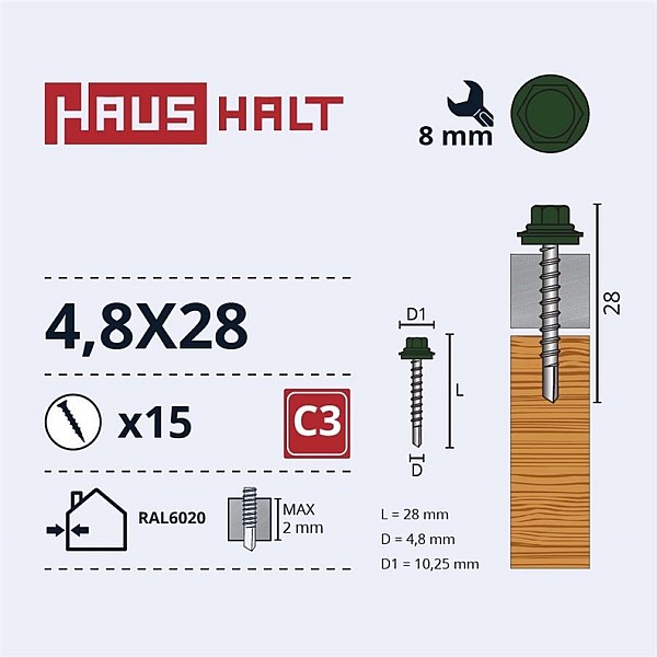 SELF SCR 4.8X28 WOOD+EPMD RAL6020 15PCS