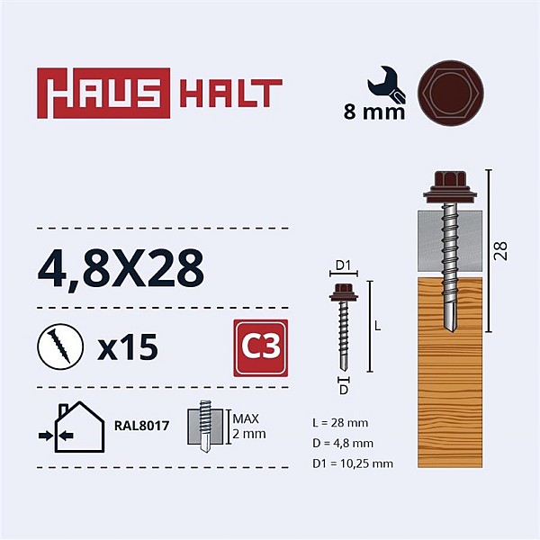 SELF SCR 4.8X28 WOOD+EPMD RAL8017 15PCS