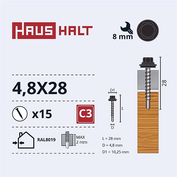 SELF SCR 4.8X28 WOOD+EPMD RAL8019 15PCS