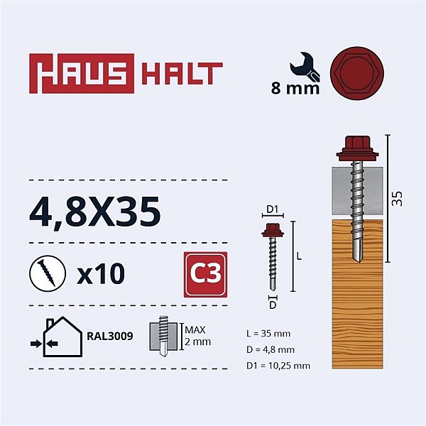 SELF SCR 4.8X35 WOOD+EPMD RAL3009 10PCS