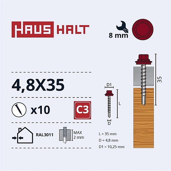 SELF SCR 4.8X35 WOOD+EPMD RAL3011 10PCS