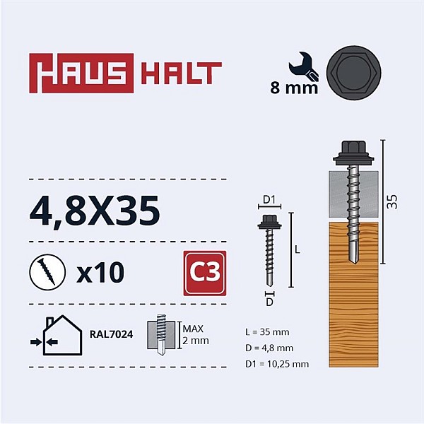 SELF SCR 4.8X35 WOOD+EPMD RAL7024 10PCS