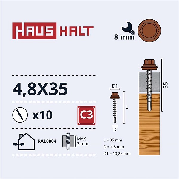 SELF SCR 4.8X35 WOOD+EPMD RAL8004 10PCS