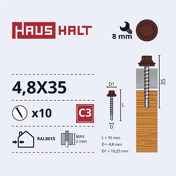 SELF SCR 4.8X35 WOOD+EPMD RAL8015 10PCS