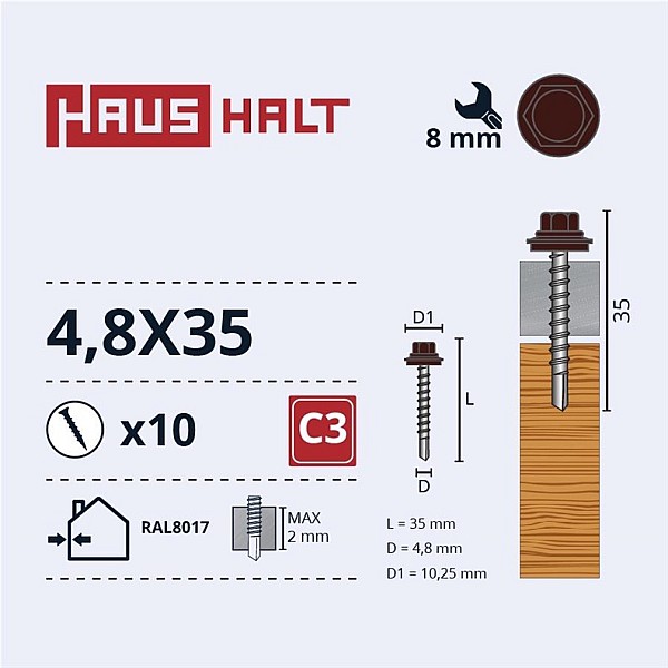 SELF SCR 4.8X35 WOOD+EPMD RAL8017 10PCS