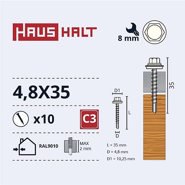 SELF SCR 4.8X35 WOOD+EPMD RAL9010 10PCS