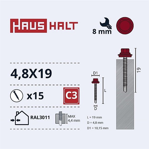 SELF SCR 4.8X19 MET+EPDM RAL3011 15PCS