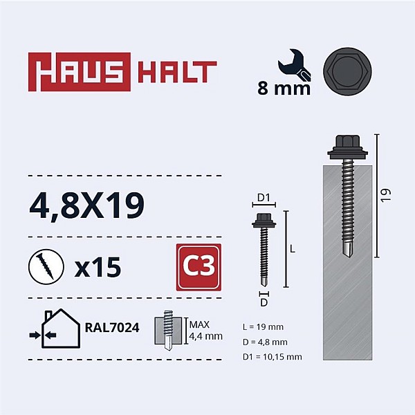 SELF SCR 4.8X19 MET+EPDM RAL7024 15PCS