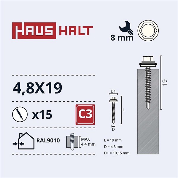 SELF SCR 4.8X19 MET+EPDM RAL9010 15PCS