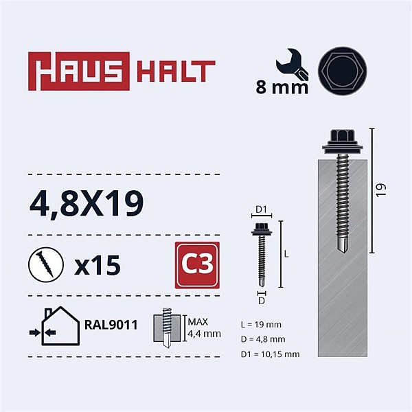 SELF SCR 4.8X19 MET+EPDM RAL9011 15PCS