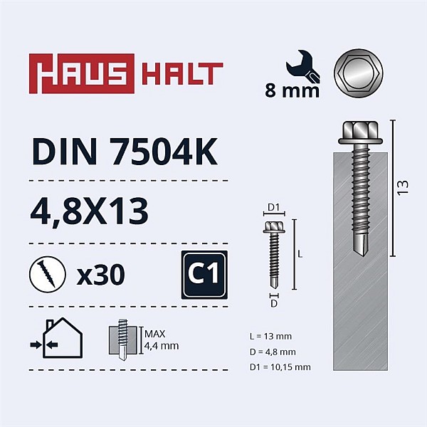 Savisriegiai Haushalt. DIN 7504K. 4.8 x 13 mm. 30 vnt.