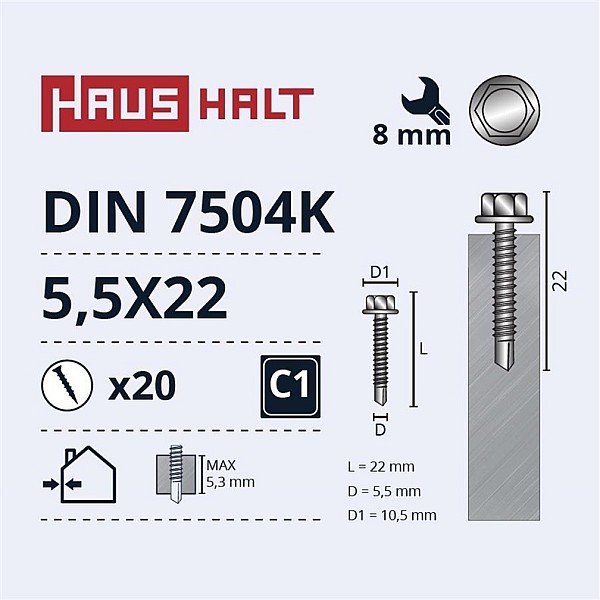 Savisriegiai Haushalt. DIN 7504K. 5.5 x 22 mm. 20 vnt.