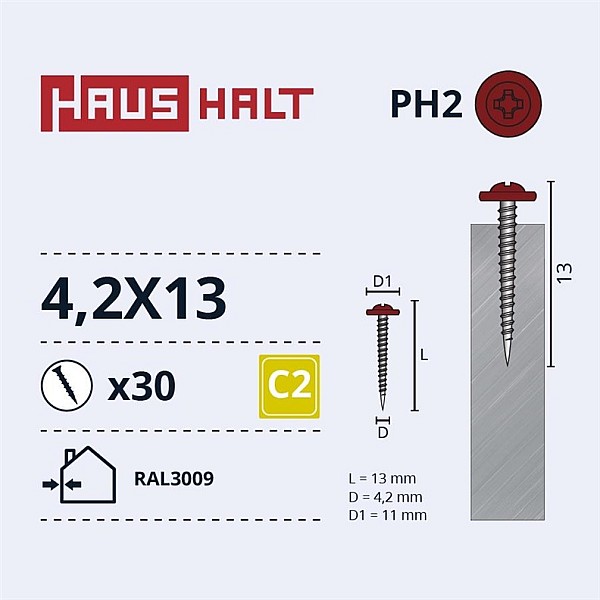 SELF SCREW 4.2X13 MET/MET RAL3009 30PCS