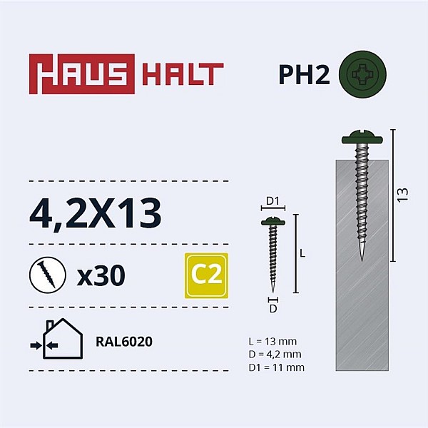 SELF SCREW 4.2X13 MET/MET RAL6020 30PCS