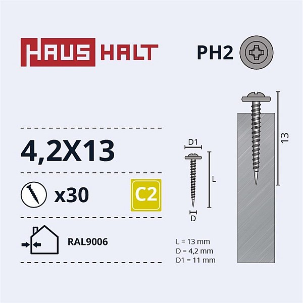 SELF SCREW 4.2X13 MET/MET RAL9006 30PCS