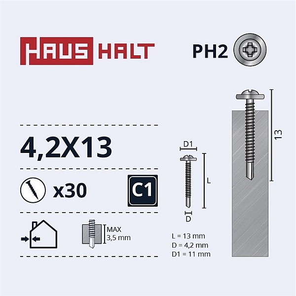 SELF SCR 4.2X13 MET/MET+DRILL ZN 30PCS