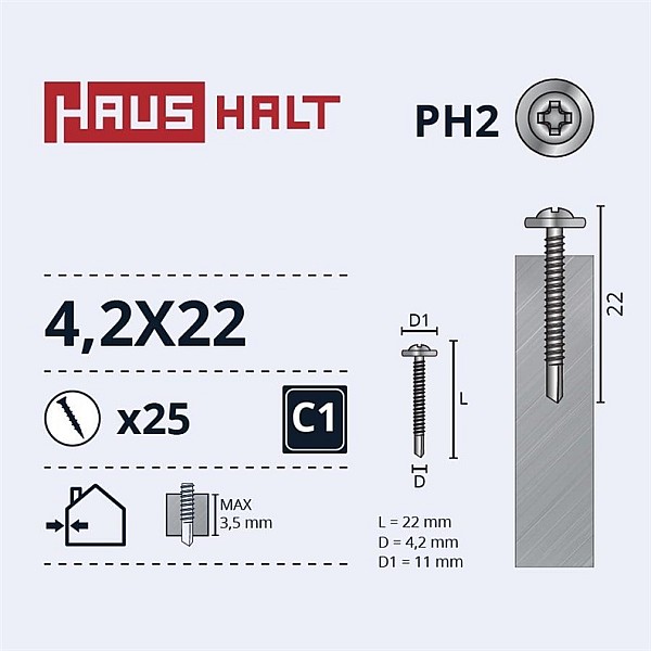 SELF SCR 4.2X22 MET/MET+DRILL ZN 25PCS